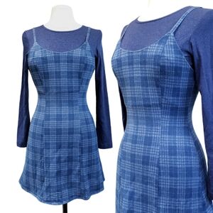 VINTAGE 90s Y2K Blue Plaid Dress Over Long Sleeve Shirt Size 5